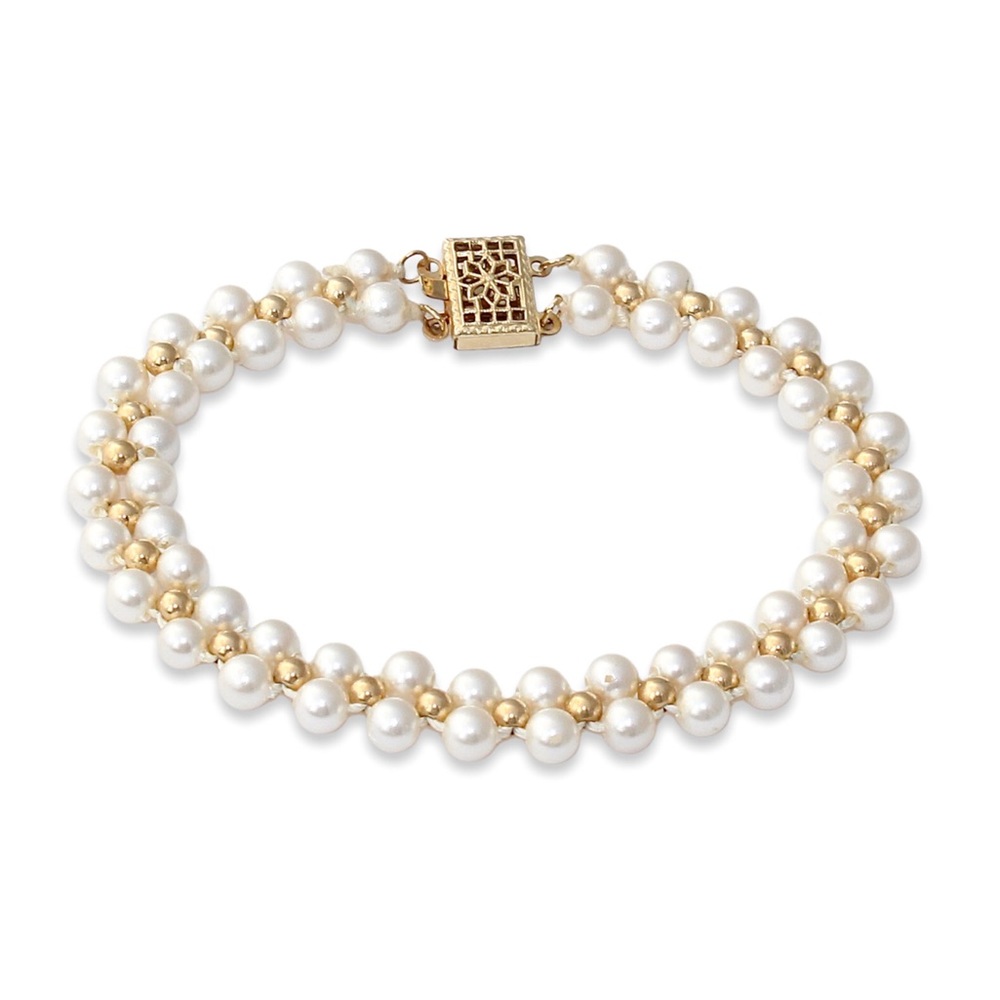 Estate 14K Gold Filled Faux Pearl Bracelet Woven Imitation Pearls & Ball Beads